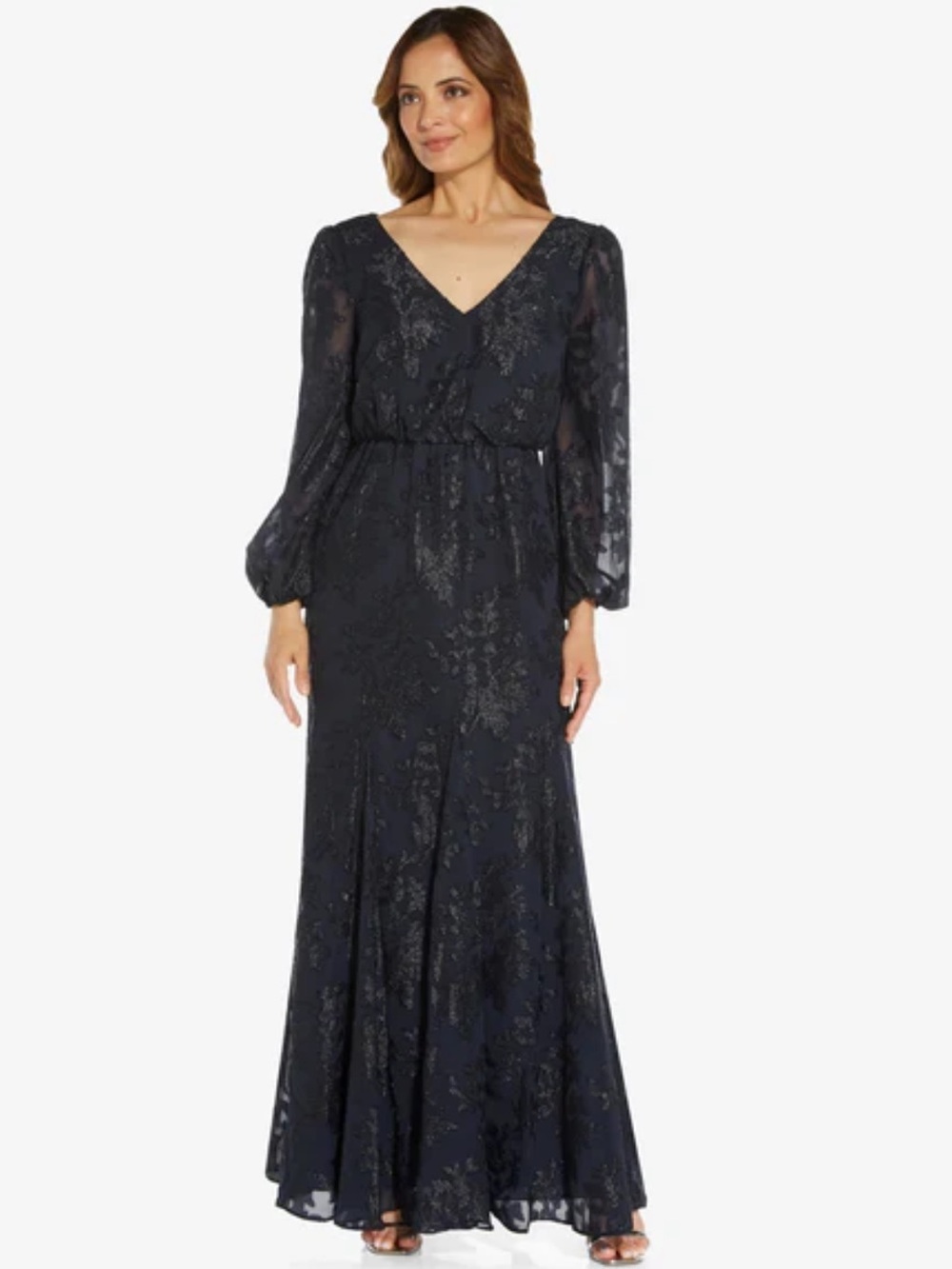 ADRIANNA PAPELL Navy Back Long Sleeve Full-Length Formal Gown Dress Size 2